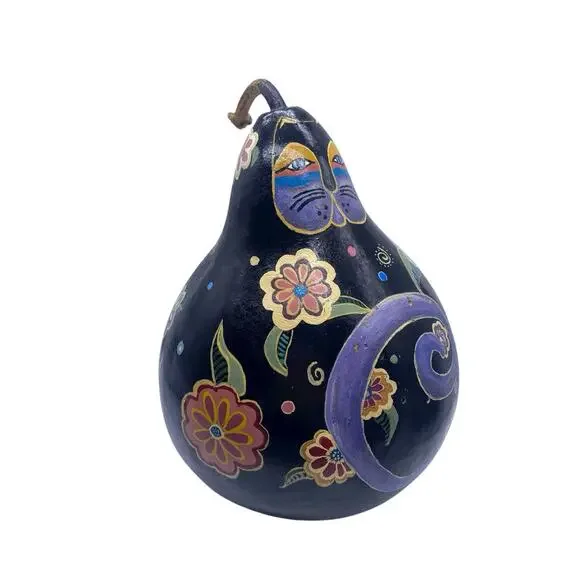 FAT CAT Gourd Handpainted Hand Painted Black Purple Whimsical Burch Style 10